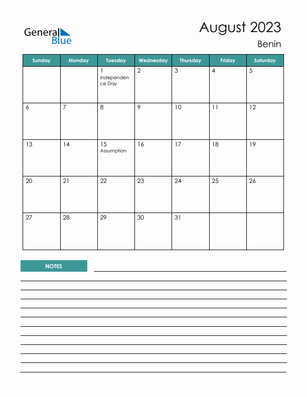 Calendar with Notes Printable - Sunday Start