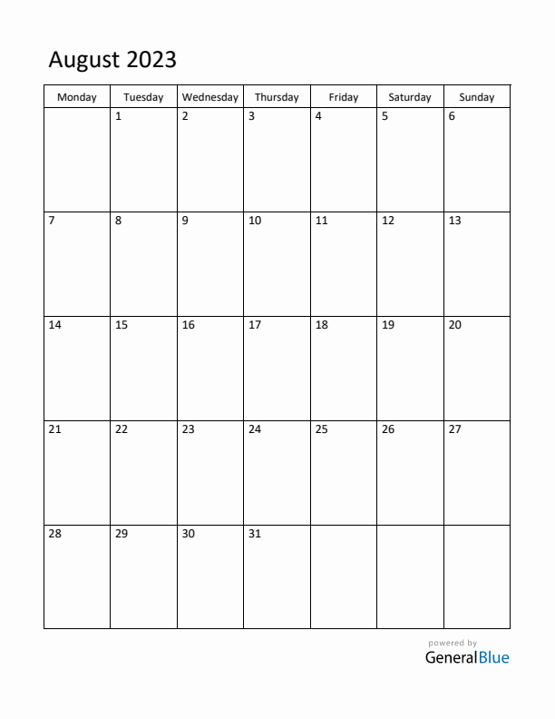 Monday Start Calendar for August 2023