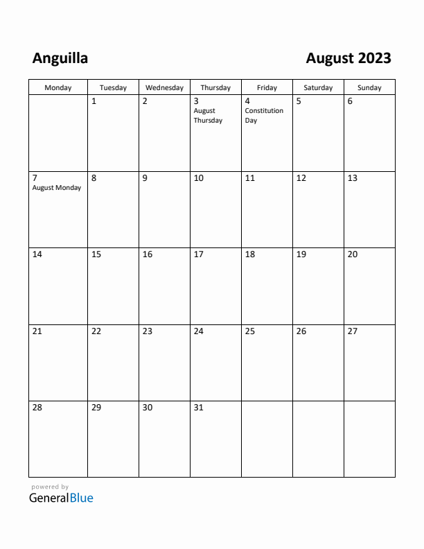 August 2023 Calendar with Anguilla Holidays