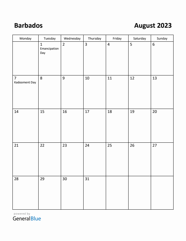 August 2023 Calendar with Barbados Holidays