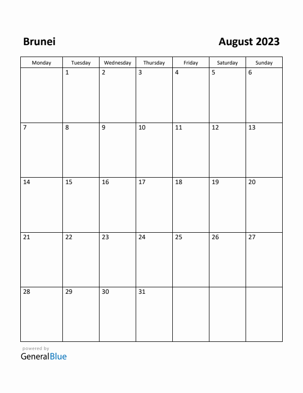 August 2023 Calendar with Brunei Holidays