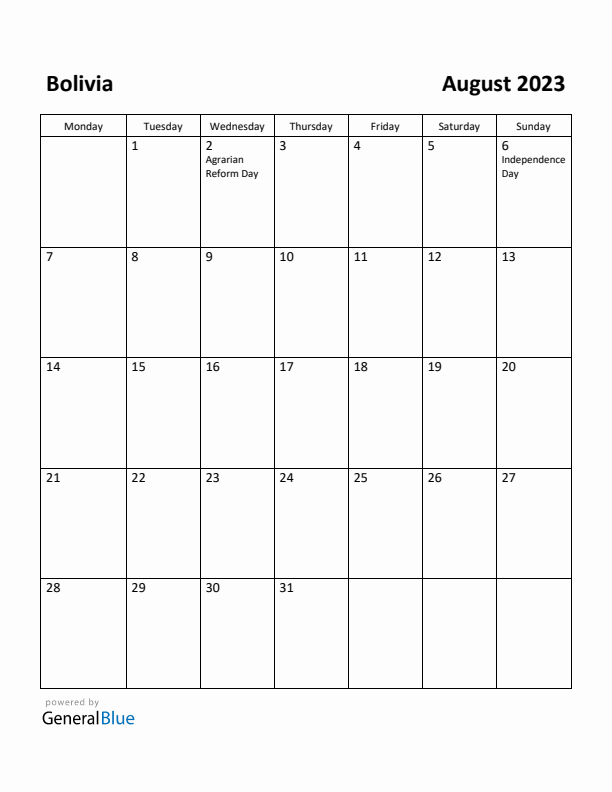 August 2023 Calendar with Bolivia Holidays