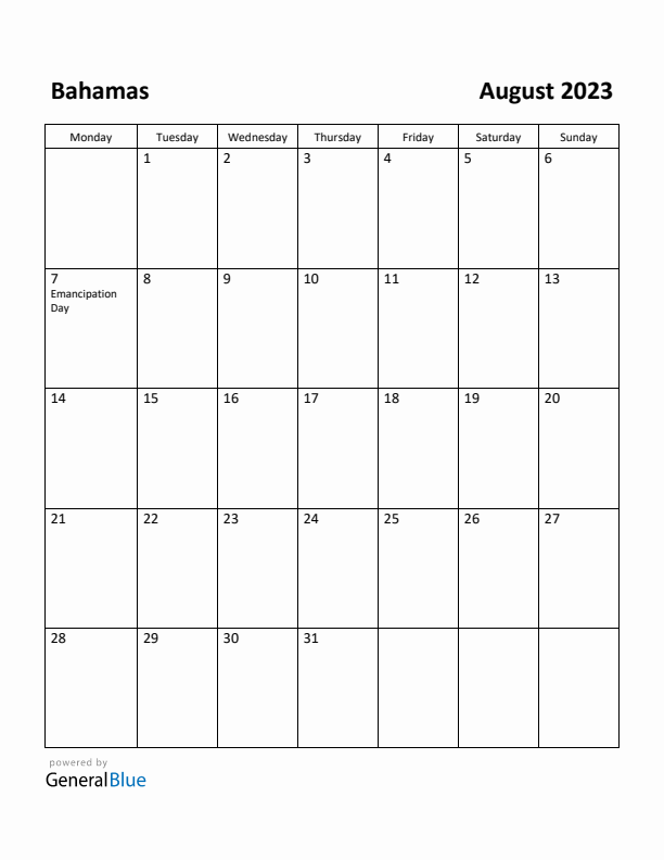 August 2023 Calendar with Bahamas Holidays