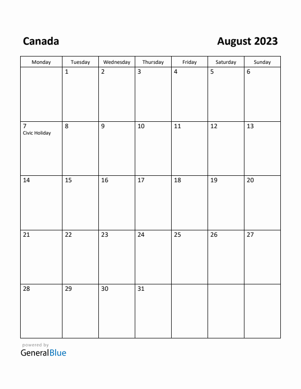 August 2023 Calendar with Canada Holidays