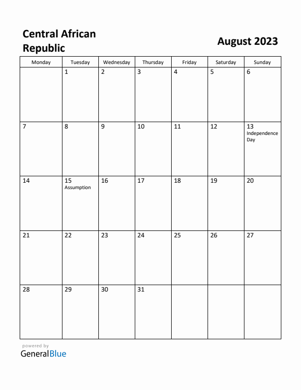 August 2023 Calendar with Central African Republic Holidays