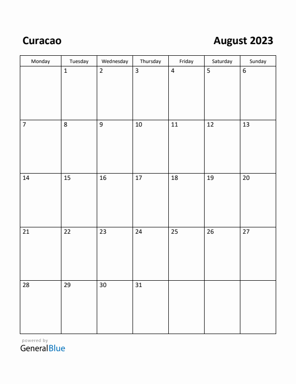 August 2023 Calendar with Curacao Holidays