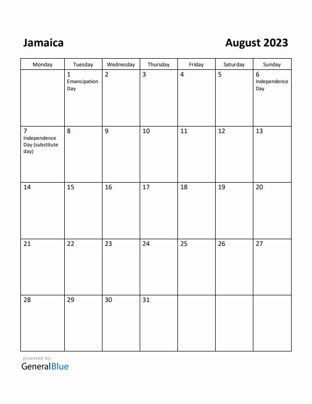 August 2023 Calendar with Jamaica Holidays