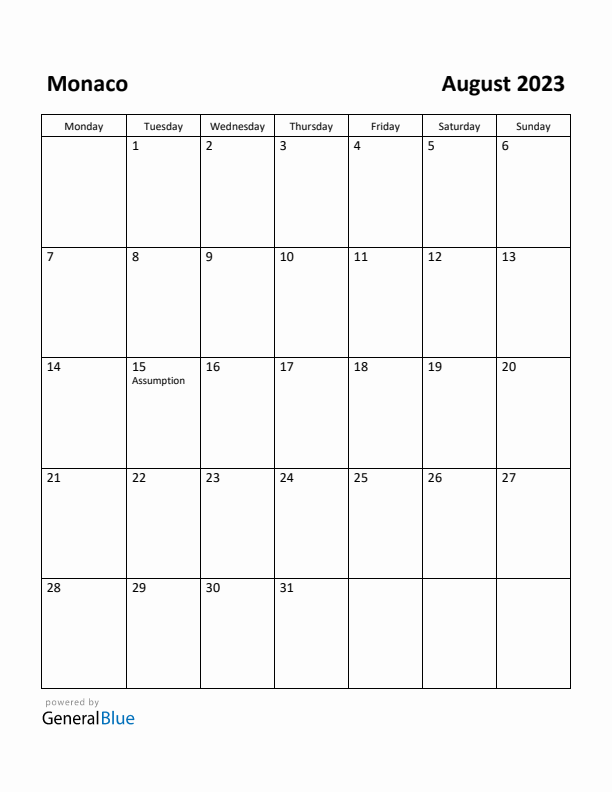 August 2023 Calendar with Monaco Holidays