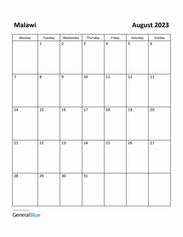 August 2023 Calendar with Malawi Holidays