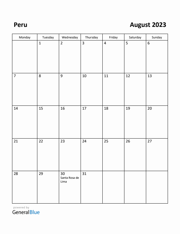 August 2023 Calendar with Peru Holidays