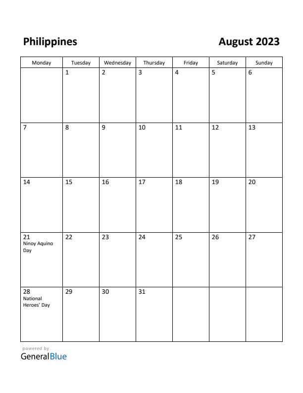 August 2023 Calendar with Philippines Holidays