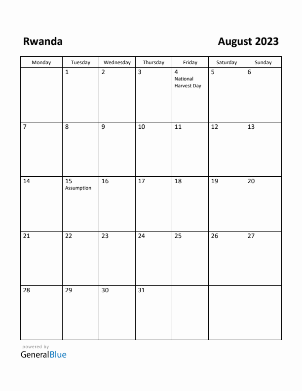 August 2023 Calendar with Rwanda Holidays