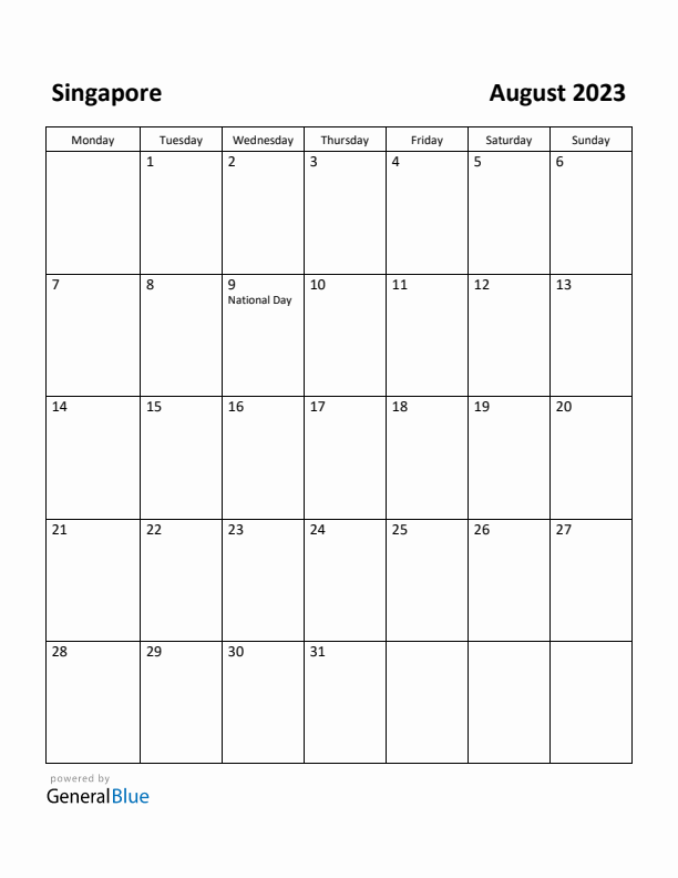 August 2023 Calendar with Singapore Holidays