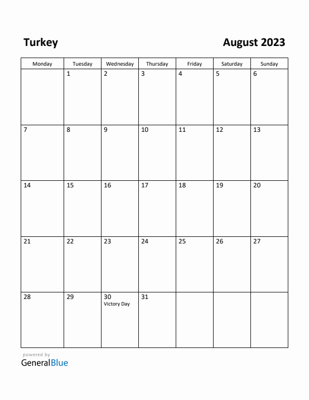 August 2023 Calendar with Turkey Holidays