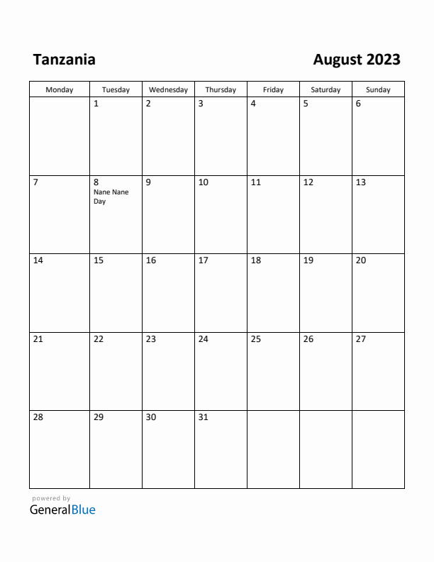 August 2023 Calendar with Tanzania Holidays