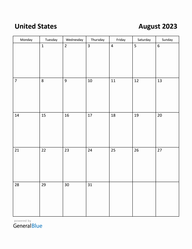 August 2023 Calendar with United States Holidays