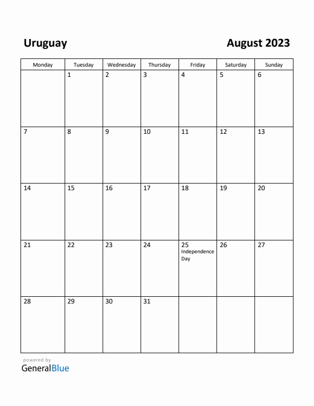 August 2023 Calendar with Uruguay Holidays