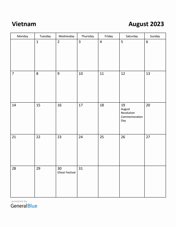 August 2023 Calendar with Vietnam Holidays