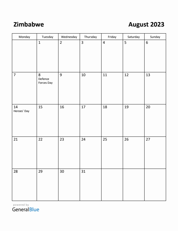 August 2023 Calendar with Zimbabwe Holidays