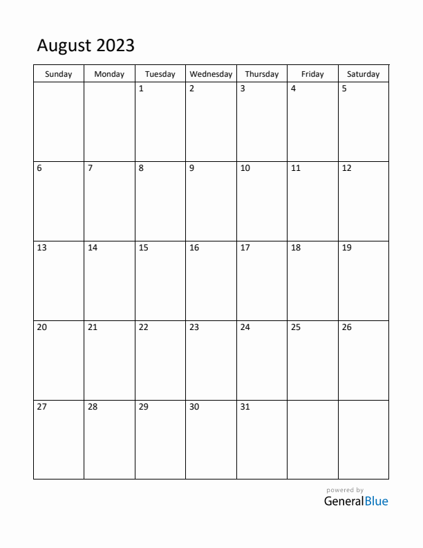 Sunday Start Calendar for August 2023