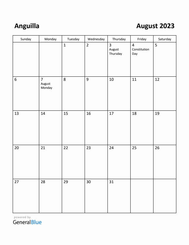 August 2023 Calendar with Anguilla Holidays