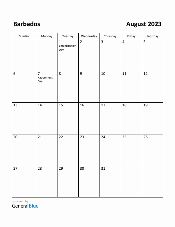 August 2023 Calendar with Barbados Holidays