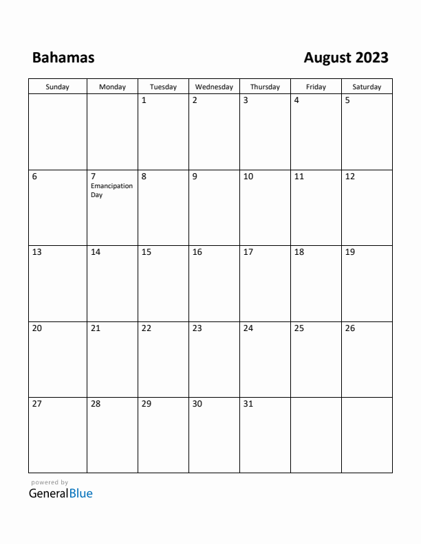 August 2023 Calendar with Bahamas Holidays