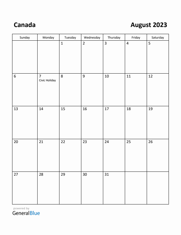 August 2023 Calendar with Canada Holidays