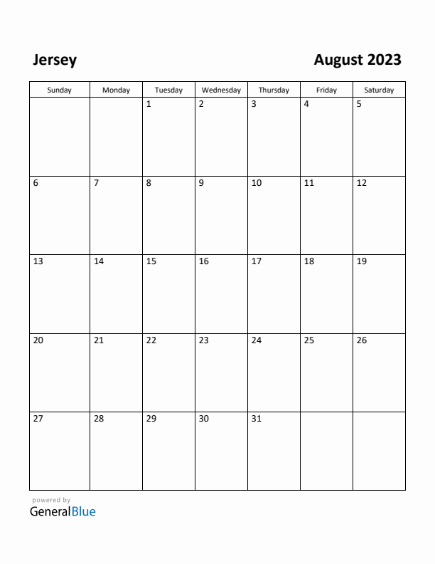 August 2023 Calendar with Jersey Holidays