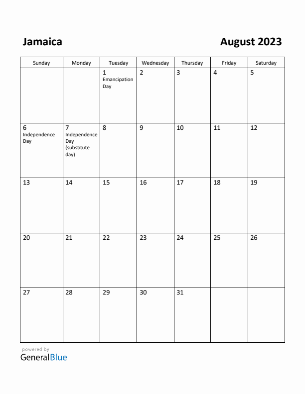 August 2023 Calendar with Jamaica Holidays