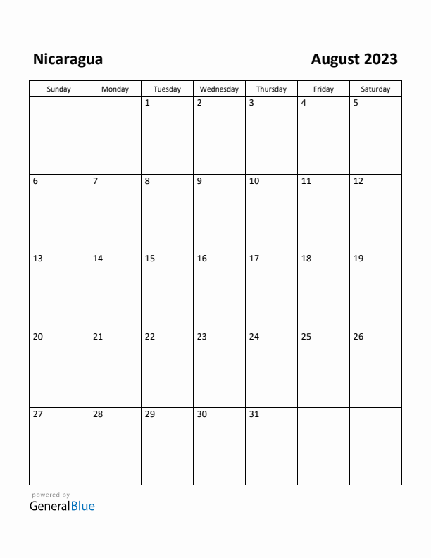 August 2023 Calendar with Nicaragua Holidays