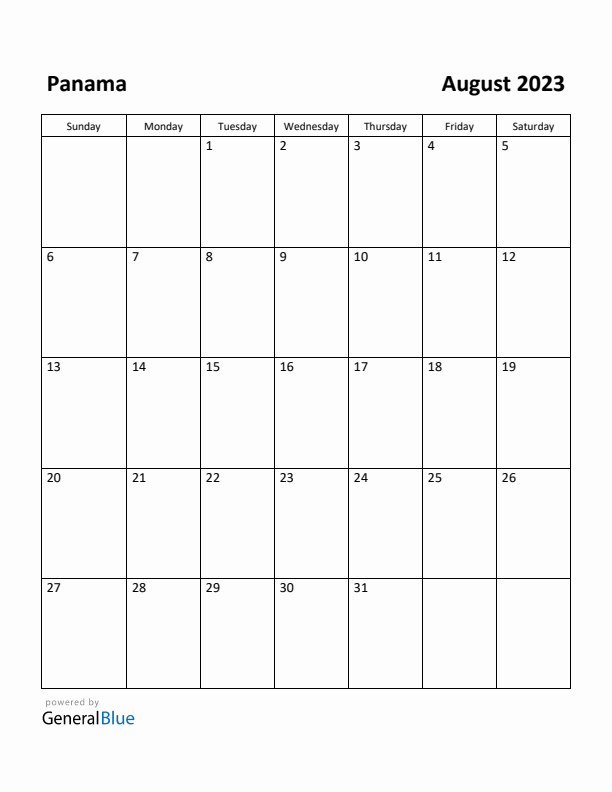 August 2023 Calendar with Panama Holidays