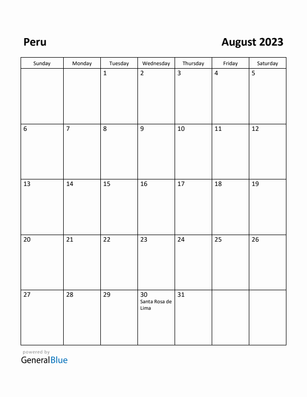 August 2023 Calendar with Peru Holidays