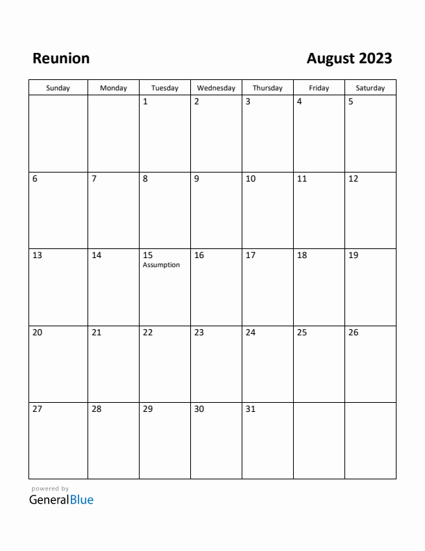 August 2023 Calendar with Reunion Holidays