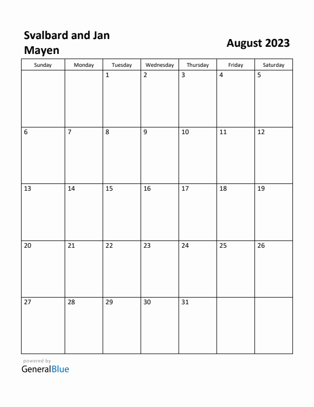 August 2023 Calendar with Svalbard and Jan Mayen Holidays