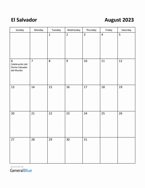 August 2023 Calendar with El Salvador Holidays