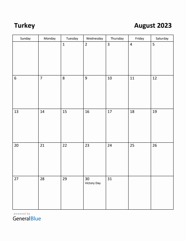 August 2023 Calendar with Turkey Holidays