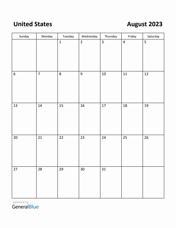 August 2023 Calendar with United States Holidays