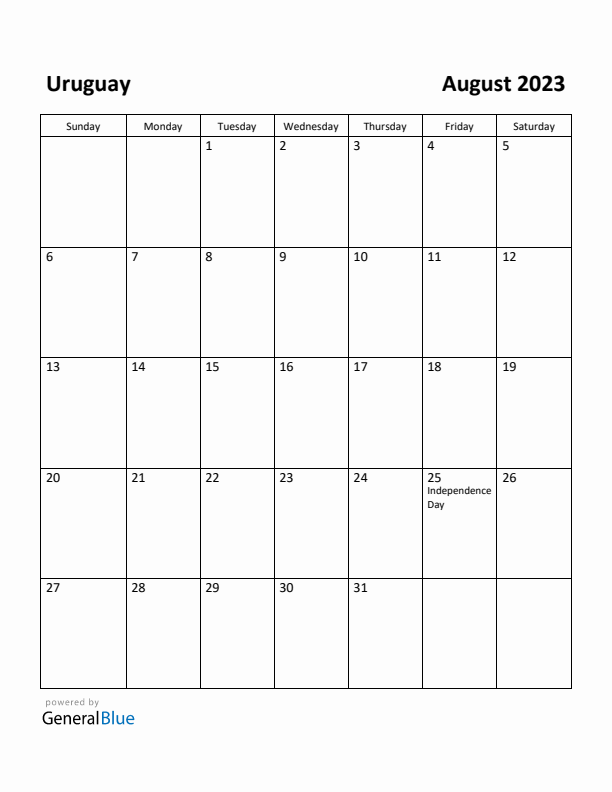 August 2023 Calendar with Uruguay Holidays