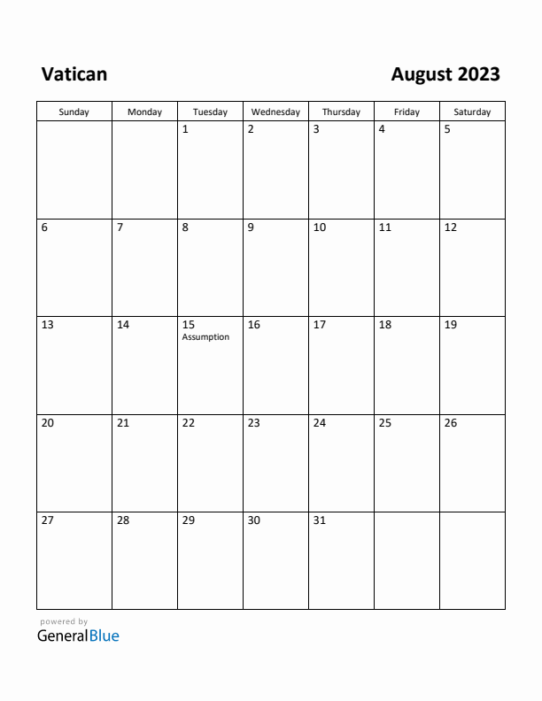 August 2023 Calendar with Vatican Holidays