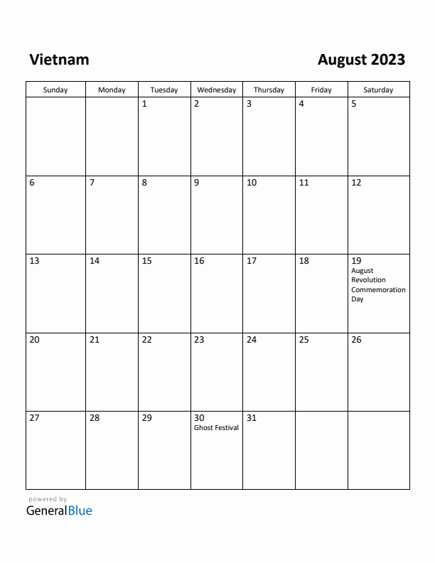 August 2023 Calendar with Vietnam Holidays