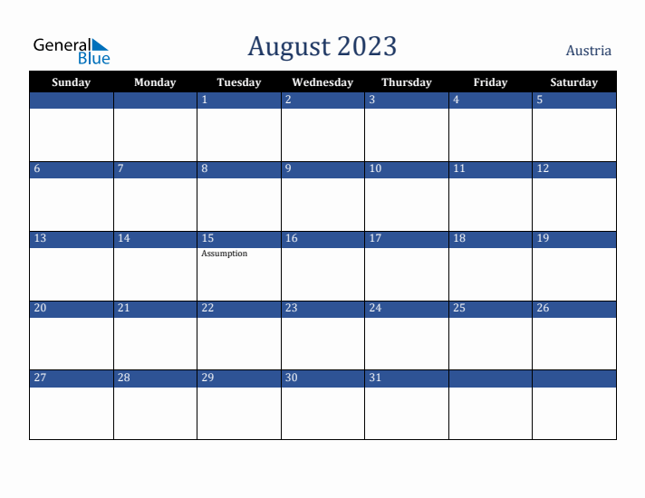 August 2023 Austria Calendar (Sunday Start)