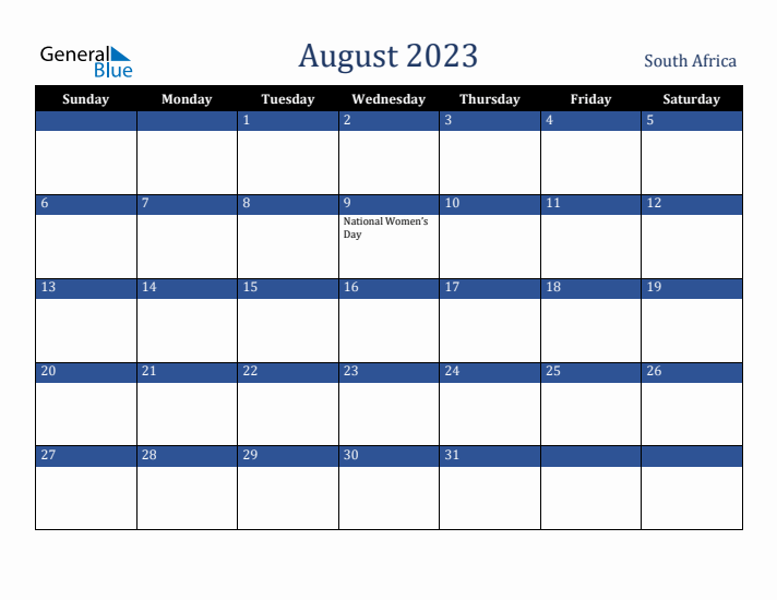 August 2023 South Africa Calendar (Sunday Start)