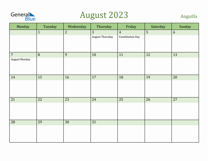 August 2023 Calendar with Anguilla Holidays