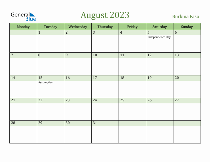 August 2023 Calendar with Burkina Faso Holidays