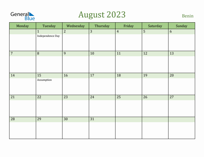 August 2023 Calendar with Benin Holidays