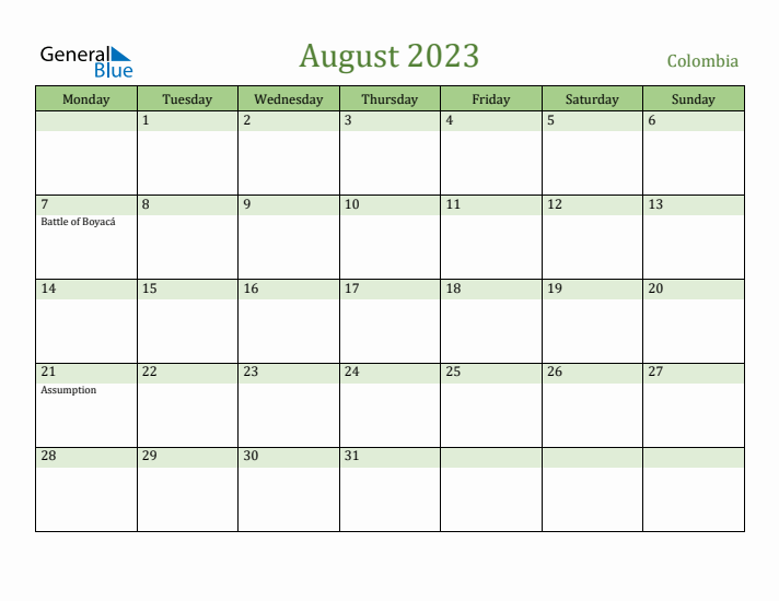 August 2023 Calendar with Colombia Holidays