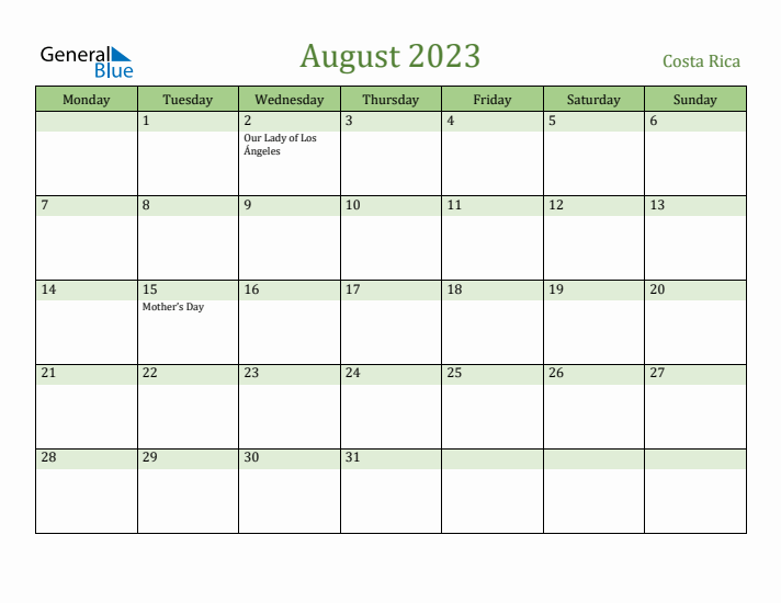 August 2023 Calendar with Costa Rica Holidays