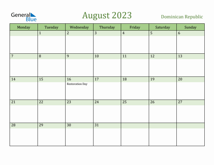 August 2023 Calendar with Dominican Republic Holidays