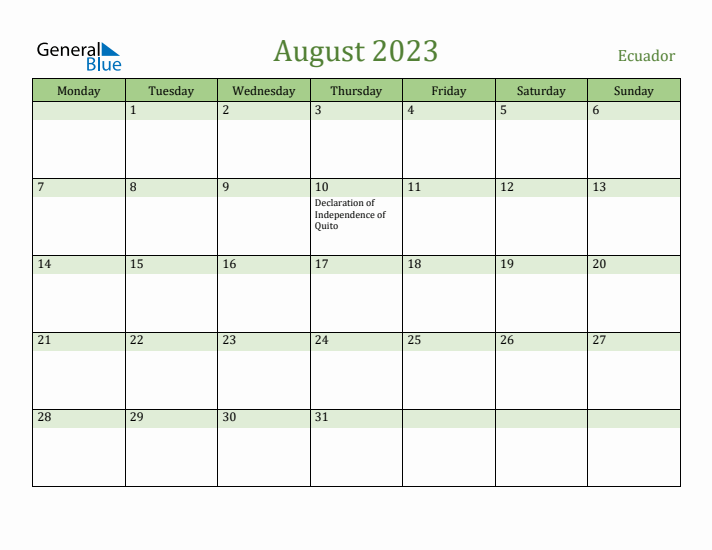 August 2023 Calendar with Ecuador Holidays